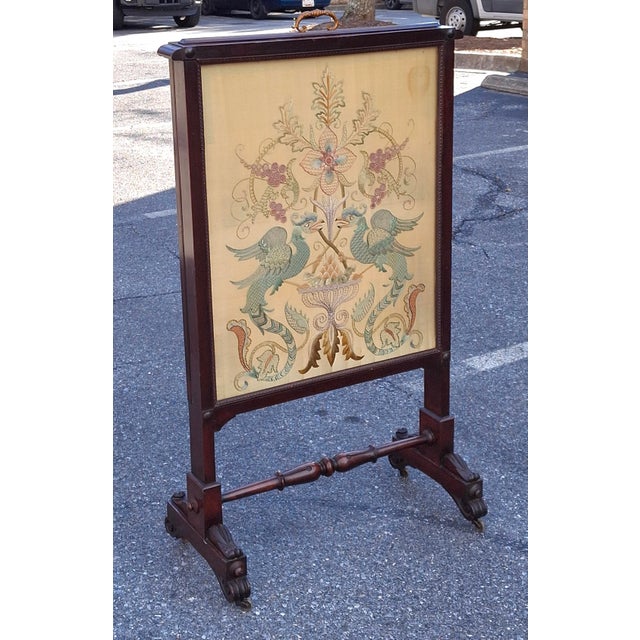 19th Century Victorian Carved Walnut and Embroidered Silk Rolling Fireplace Screen For Sale - Image 9 of 13