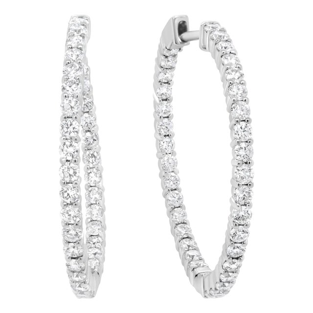 18K White Gold 3 5/8 Cttw Round Diamond Curved Inside-Outside Hoop Earrings (F-G Color, VS1-VS2 Clar For Sale