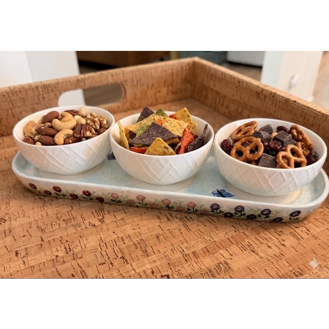 1990s Kathy Hatch Collection Hand-Painted Triple Bowl Serving Tray / Condiment Server For Sale - Image 9 of 9