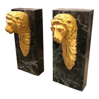 Pair of Unusual Antique Gilt Bronze Lion Architectural Fragment Bookends For Sale