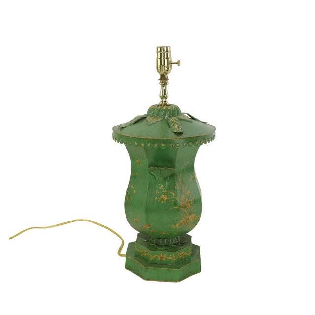 Chinoiserie Vintage Handcrafted Forged Iron Green Hand-Painted Gold Chinoiserie Table Lamp. For Sale - Image 3 of 9