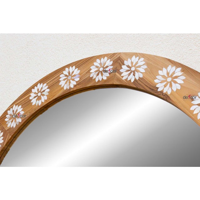 Large Teak Mother of Pearl Inlay Round Mirror For Sale In Los Angeles - Image 6 of 8