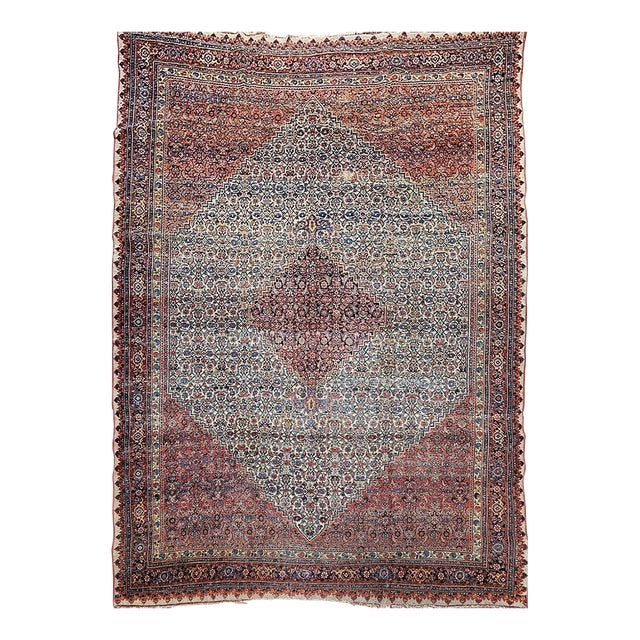 19th Century Bidjar Rug, Hand-Knotted Wool, Herati Geometric Pattern, Ivory & Red, 10x14 For Sale