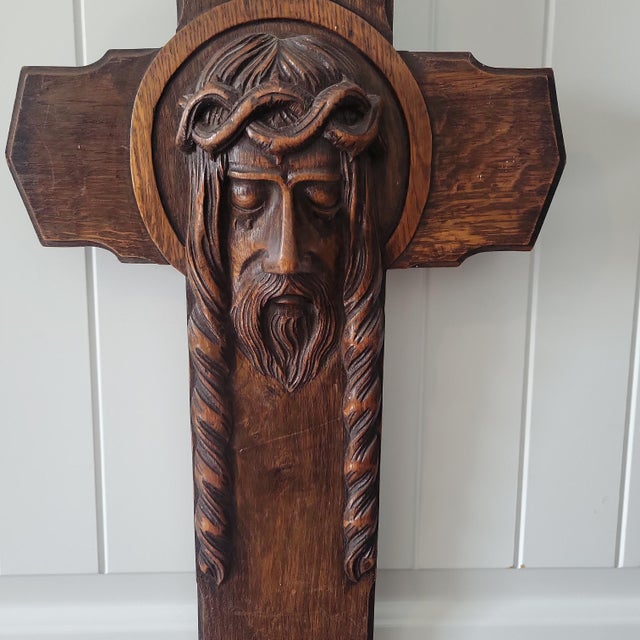 Antique Art Deco Hand Carved Oak Crucifix Face of Jesus Wall Cross 25" Tall For Sale - Image 9 of 18