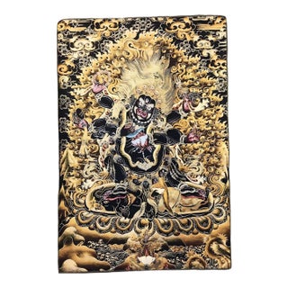 Mid 20th Century Xizang Embroidery and Brocade Thangka Buddha Painting - Wrathful Deity Protector Wall Art - Hand Painted Buddhist Sacred Scroll For Sale