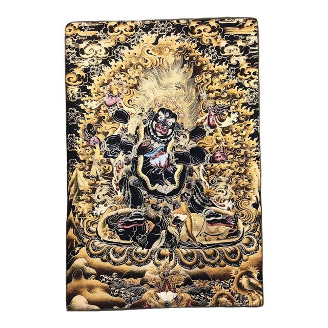 Mid 20th Century Xizang Embroidery and Brocade Thangka Buddha Painting - Wrathful Deity Protector Wall Art - Hand Painted Buddhist Sacred Scroll For Sale