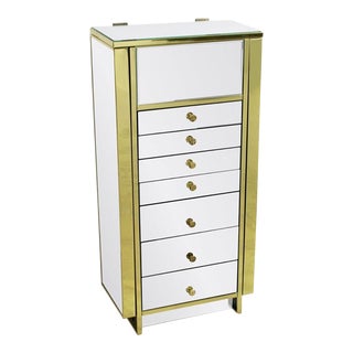Mid Century Modern Hollywood Regency Mirrored Brass Armoire Jewelry Vanity Chest 1970s For Sale