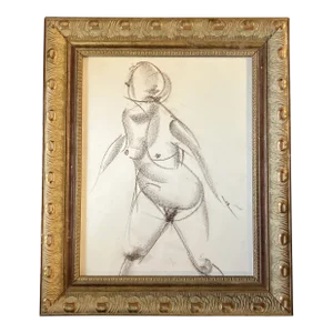 1950’s Original Vintage Abstract Cubist Female Nude Study Drawing Ornate Frame