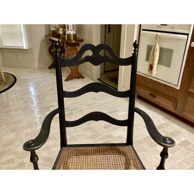 Black Antique Art Nouveau Ladderback Black Dining Side Desk Hall Arm Chair W/Cane Seat 41“ Tall For Sale - Image 8 of 9