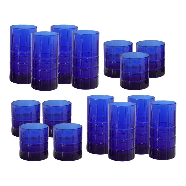 Anchor Hocking Tartan Cobalt Glassware, 15 Pieces For Sale