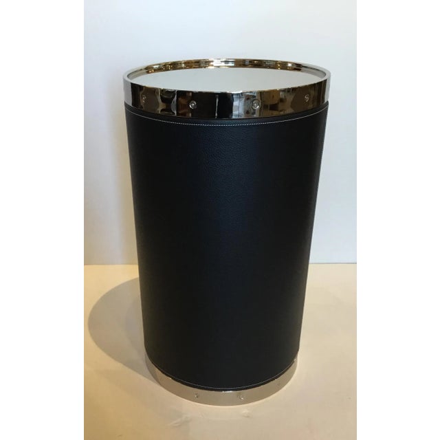 2010s Modern Black Leather and Nickel Barrel Side Table For Sale - Image 5 of 5