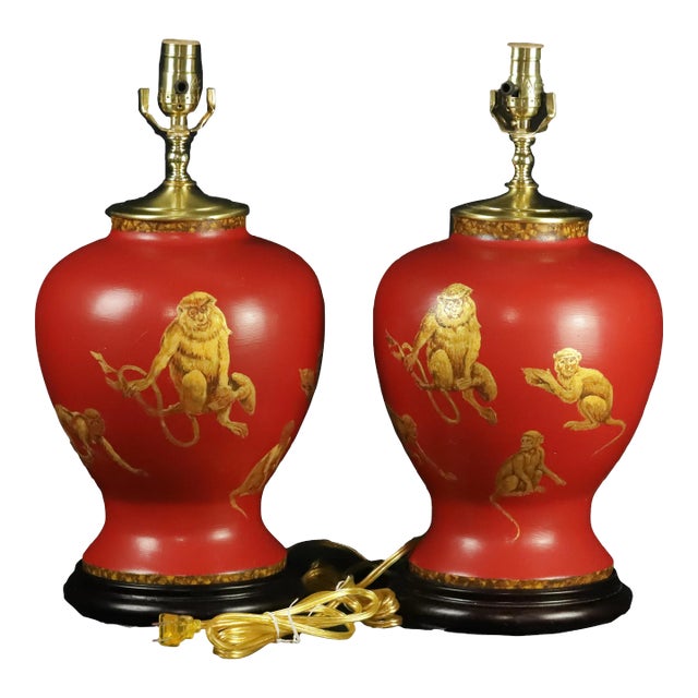 A Pair Vintage Hand-Painted Cute Monkey Jar Table Lamp For Sale