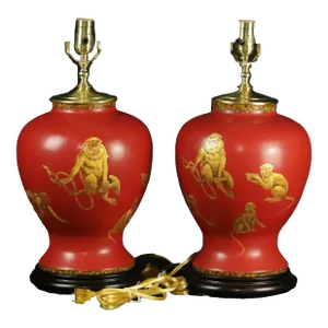 A Pair Vintage Hand-Painted Cute Monkey Jar Table Lamp