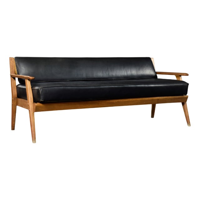 Mid-Century Modern German Oak and Black Leather Sofa, 1960s For Sale