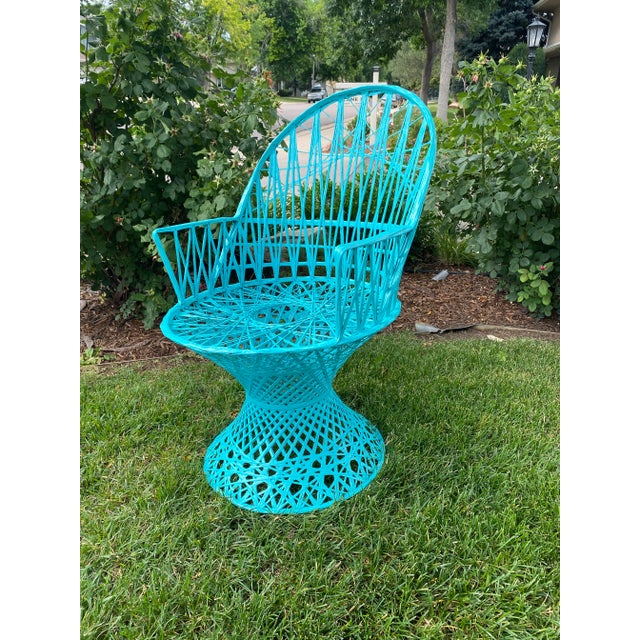 Mid-Century Modern Vintage 1950s Peacock Fiberglass Spun Outdoor Chair For Sale - Image 3 of 5