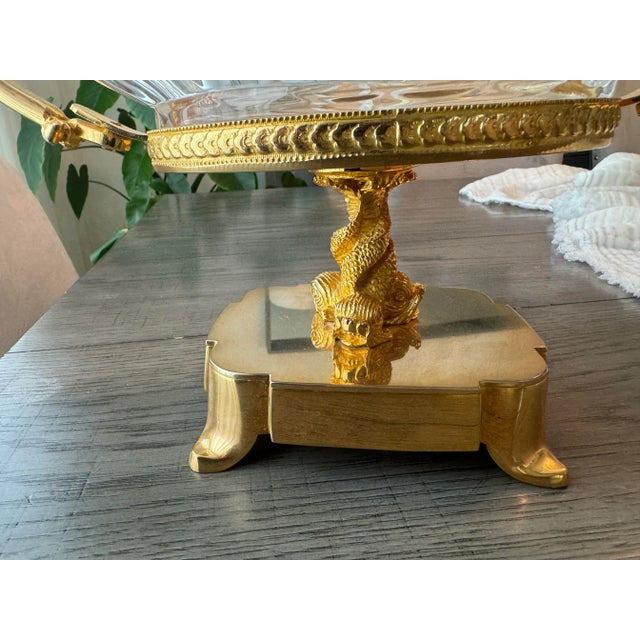 Traditional Signed “Martin Benito” French Empire-Style Gilt Bronze & Crystal Centerpiece Bowl – Cherub & Dolphin Motif For Sale - Image 3 of 9