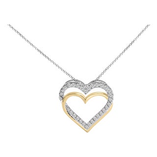 14K Yellow Gold Plated Sterling Silver 1.00 Cttw Diamond Double Heart Pendant Necklace For Sale