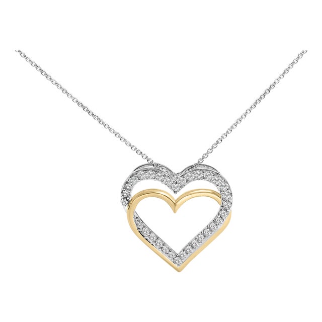 14K Yellow Gold Plated Sterling Silver 1.00 Cttw Diamond Double Heart Pendant Necklace For Sale