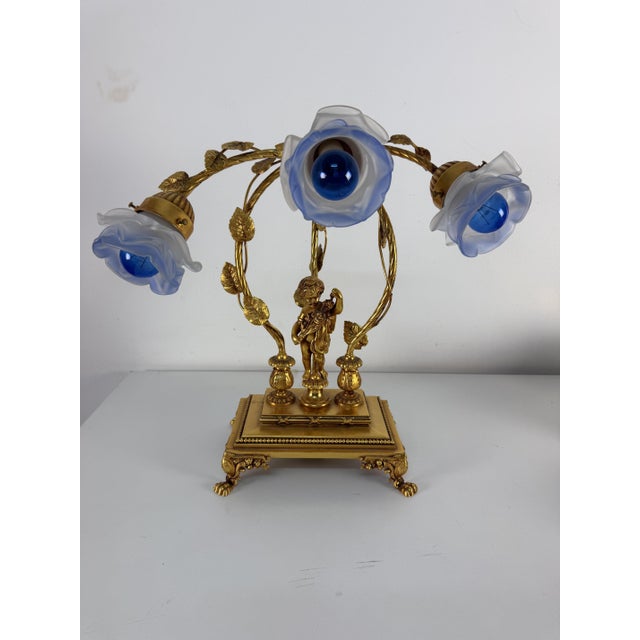 Large Italian Art Nouveau Three-Light Table Lamp in Gilded Bronze and Murano Glass, 1980s For Sale - Image 15 of 15