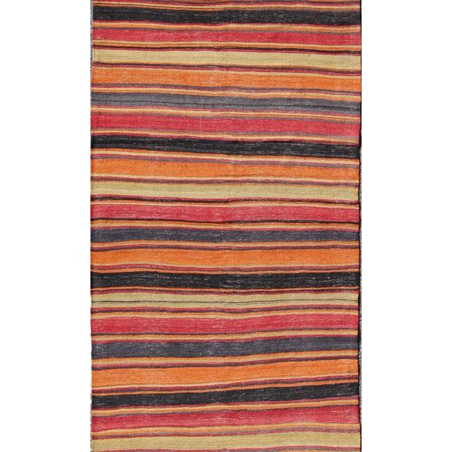 Kilim Runner With Multicolor Horizontal Stripes in Red, Orange and Black 3'10 X 11'3 For Sale - Image 4 of 8
