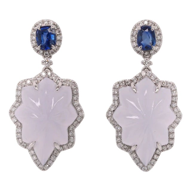 Chalcedony, Sapphire and Diamond Platinum Drop Earrings - Fei Liu, Pair For Sale