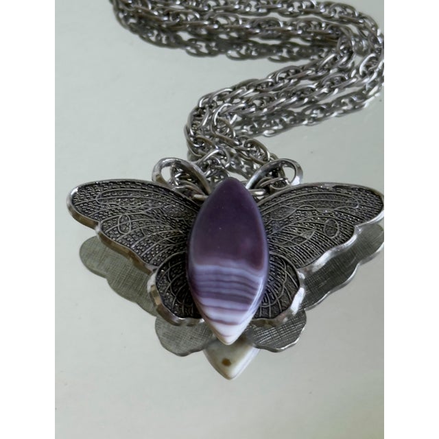 1970s Vintage 1970s Silver Tone Butterfly Pendant Necklace With Purple Banded Agate Cabochon For Sale - Image 5 of 15