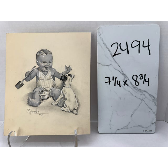 1940s Original Signed Graphite Illustration of Baby Feeding Small Terrier Puppy, 8.75 × 7.25 In. For Sale In Atlanta - Image 6 of 6