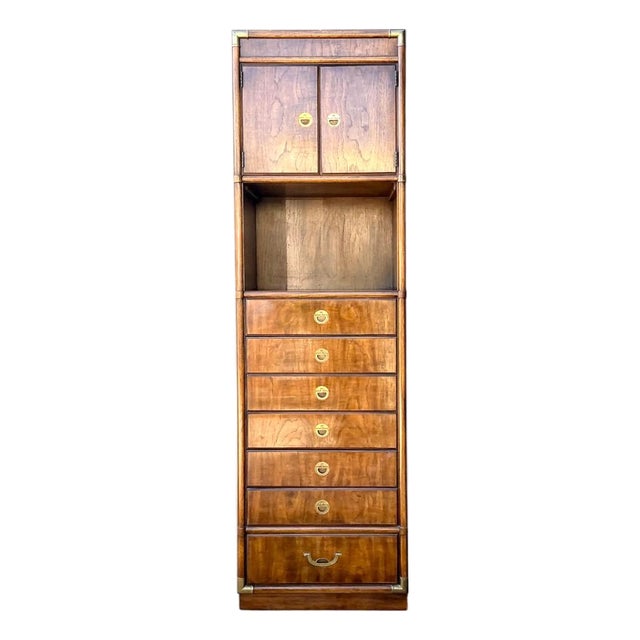 Vintage Drexel Wood and Metal Campaign Tall Cabinet For Sale
