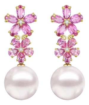 A Pair of Nina Zhou 4.92ctw Pink Sapphire & Diamond Double Blossom Pearl Convertible Drop Earrings in 14k Yellow Gold