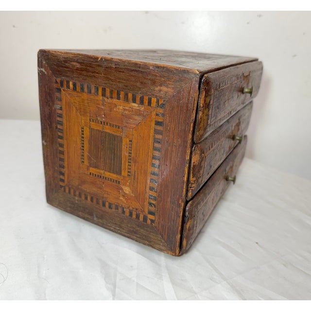 19th Century Antique 19th Century Handmade Wood Veneer Marquetry Jewelry Box Dresser Chest For Sale - Image 5 of 14