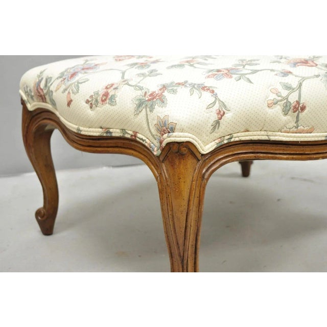 Vintage French Country Louis XV Carved Walnut Pink Floral Footstool Ottoman For Sale In Philadelphia - Image 6 of 10
