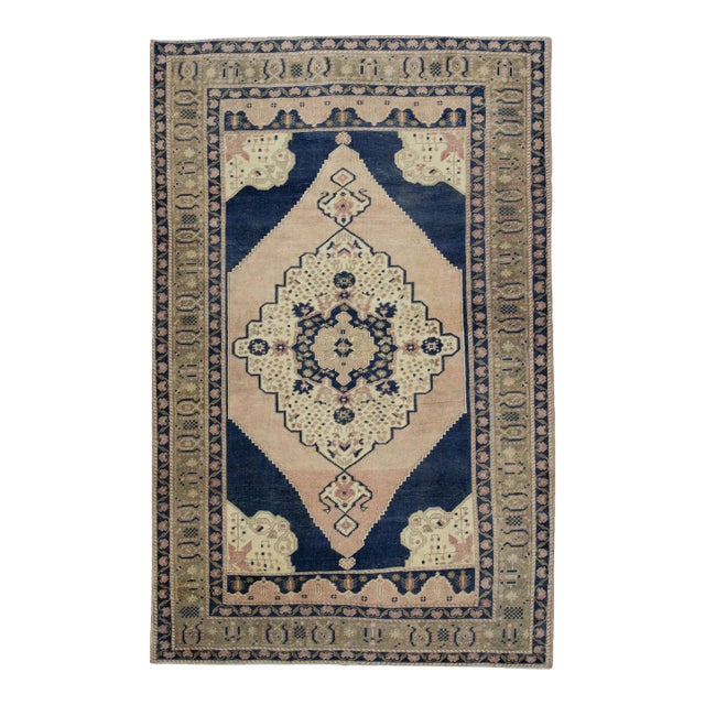 1960s Pink & Blue Vintage Turkish Rug 4'8" X 7'3" For Sale