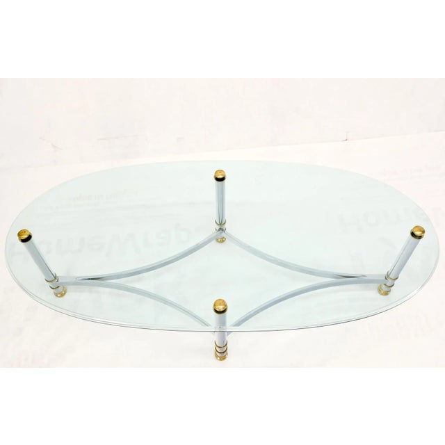 Maison Jansen Brass Chrome Thick 3/4" Glass Top Mid Century Modern Oval Coffee Center Table For Sale - Image 4 of 13