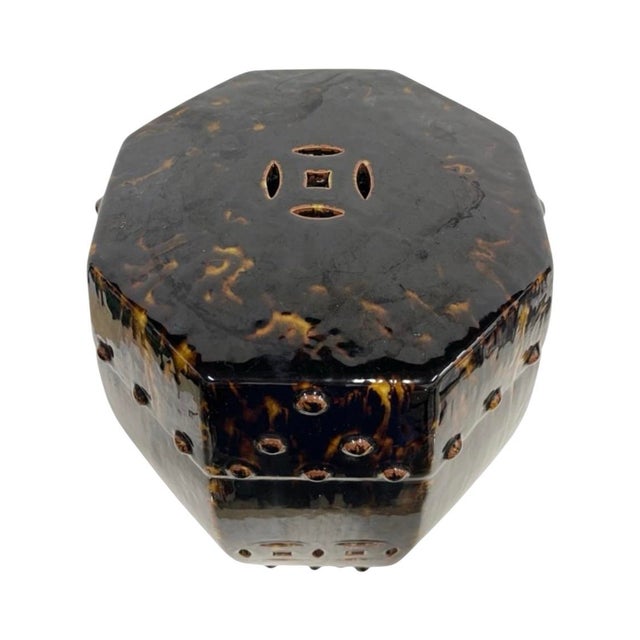 Hollywood Regency Vintage Hollywood Regency Tortoiseshell Glazed Ceramic Garden Stool For Sale - Image 3 of 12