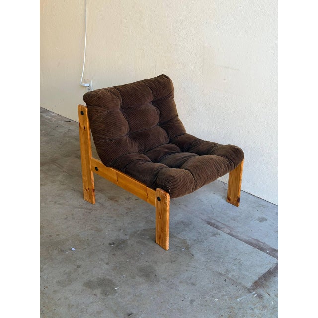 Mid-Century Modern Brutalist Solid Wood Lounge Chair With Corduroy Upholstery 1970s For Sale - Image 3 of 10