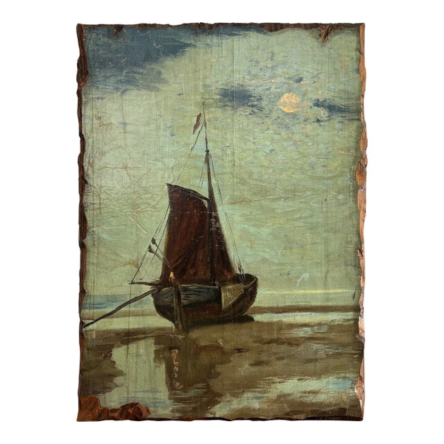 1970s Moody Nautical Sailboat Wood-Mounted Nocturne Print For Sale