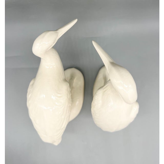 Pair of 1984 Hand-Signed Cream Ceramic Crane Sculptures – Hollywood Regency / Coastal / Art Deco Revival For Sale - Image 12 of 12