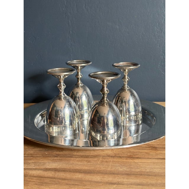 Traditional Vintage Fb Rogers Italian Silverplate 4 Cordial Goblets With Tray - 5 pcs For Sale - Image 3 of 6