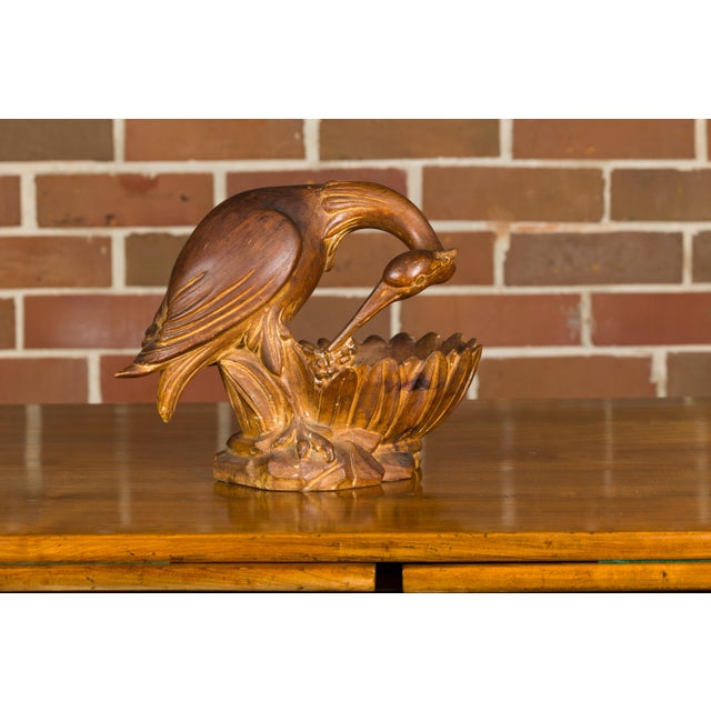 Italian Midcentury Carved Wooden Bowl with Crane and Leaf Motifs For Sale In Atlanta - Image 6 of 12