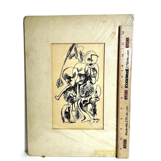 Three original ink drawings by North Carolina artist Rod MacKillop, signed and dated 1965, each matted. Bold, playful...