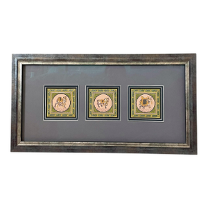 Rajasthani Indian Miniature Silk Paintings on Silk. Triptych Custom Framed. Animal, Horse, Elephant.