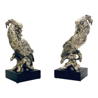 Modern Silvered Bronze Cockatoo Sculptures Pair For Sale