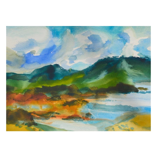 Colorful watercolor landscape of a lake surrounded by mountains by California artist Les (Leslie Luverne) Anderson...