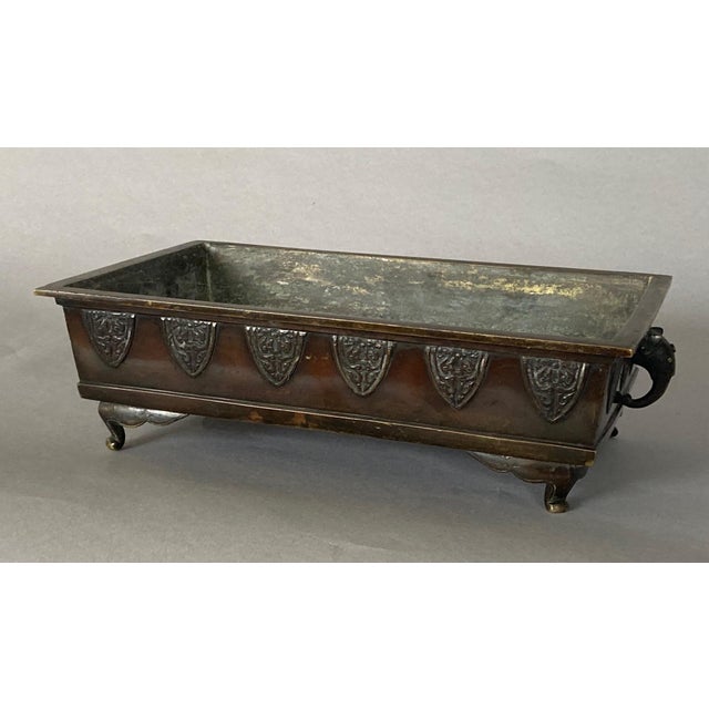 1910s Small Japanese Suiban With Kenzan; Elephant Head Handles, Bronze Patina For Sale - Image 5 of 5
