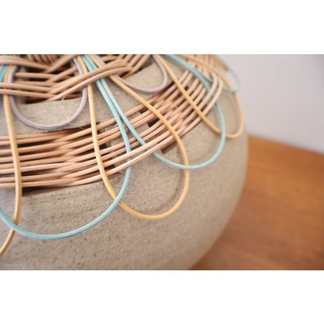 Sand Signed Studio Pottery Basket Vase, Hilda Kidd Wiesenmeyer 2007 — Stoneware Vessel, Hand-Woven Dyed Reed Collar, American Fiber Art Ceramic For Sale - Image 8 of 10