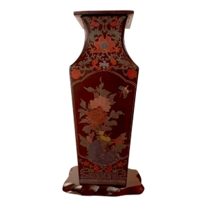 Late 19th Century Chinese Lacquer Peonies and Poems Four Sided Fengweizun