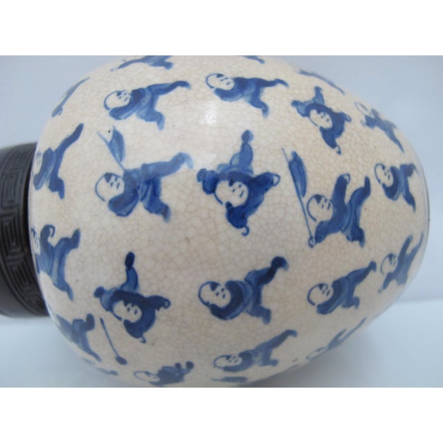 Chinese Qing 100 Boys Blue Porcelain Ginger Jar Snuff Bottle W/Carved Wood Lid For Sale - Image 9 of 11