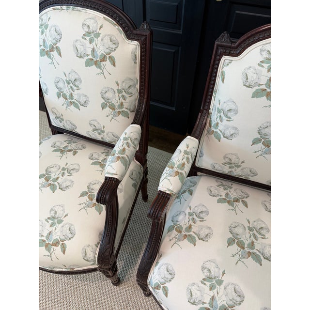 English Vintage Louis XVI French Neoclassical Arm Chairs Newly Upholstered in Bowood Union For Sale - Image 3 of 9