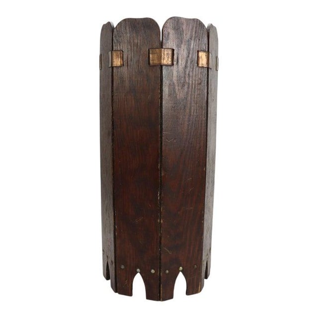1920s Arts & Crafts 8-Panel Oak & Brass Umbrella Stand Unsigned C1920 For Sale - Image 5 of 6