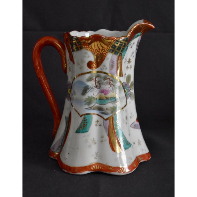Antique Porcelain Pitcher Japanese Kutani Geisha Ware Hand Painted Gold Red Jug For Sale - Image 4 of 12